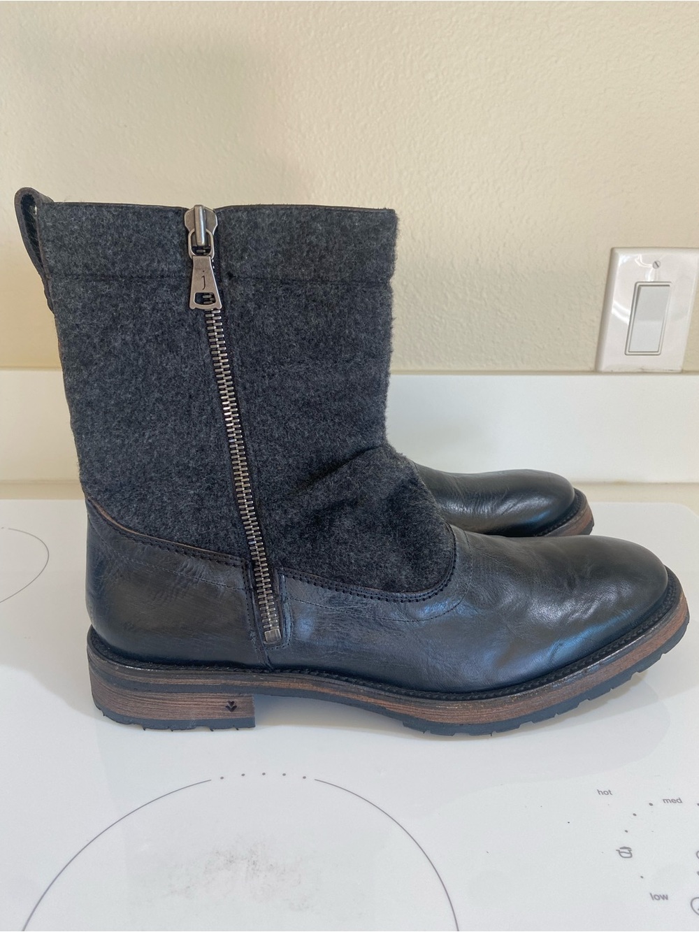 John Varvatos Black and Dark Gray Leather Wool Zip Boots
